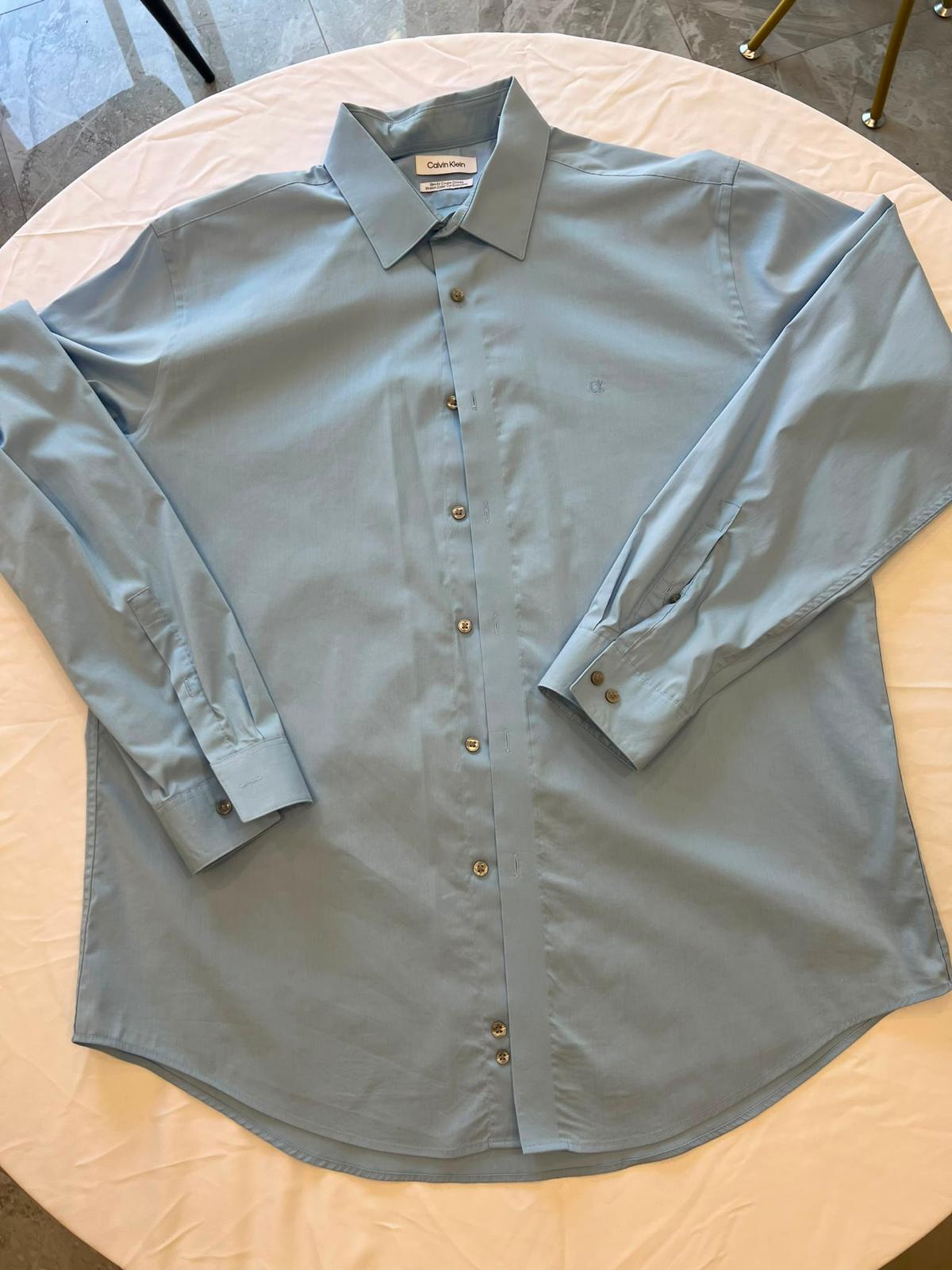 Mens Calvin Klein blue LS cotton mix non-iron shirt slim fit stretch 2xl BNWT