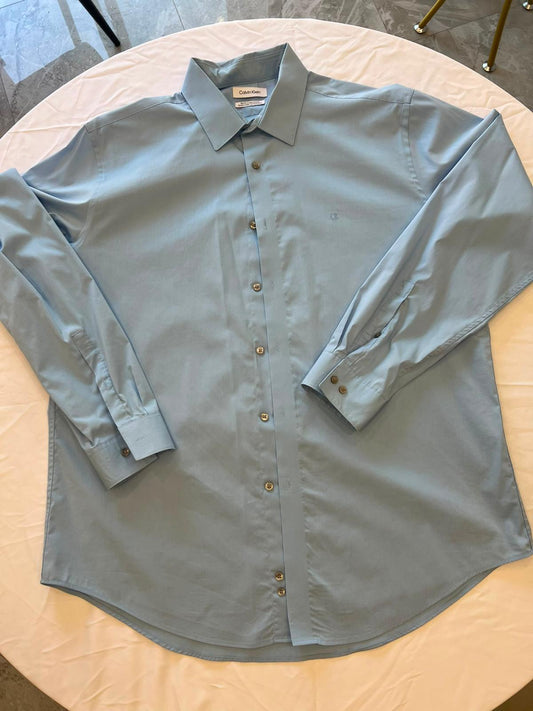 Mens Calvin Klein blue LS cotton mix non-iron shirt slim fit stretch 2xl BNWT